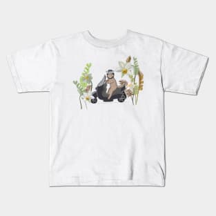 Biker cat with tropical forest Kids T-Shirt